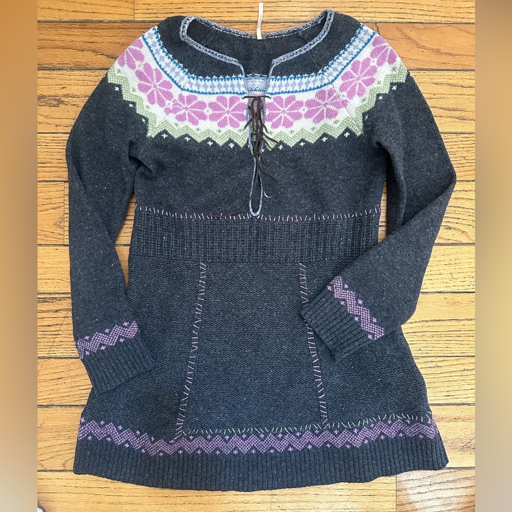 Women's Dark Gray Fair Isle Knit Sweater Dress with Pink Floral Yoke